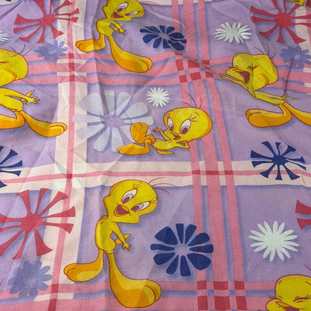 Vintage Warner Bros Tweety Bird Flat Sheet 2003 Looney Tunes Plaid Floral Purple